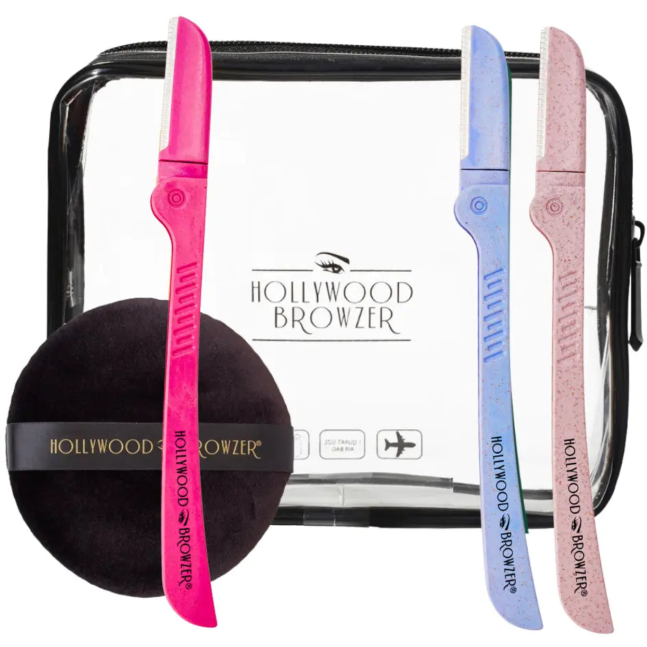 Pink Hollywood Glow Kit dermaplaning set with tools and skincare essentials from Hollywood Browzer