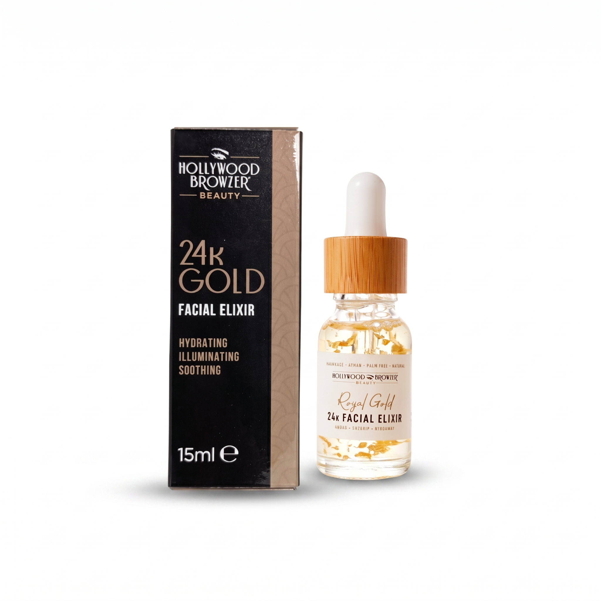 Hollywood Browler 24k Gold Facial Elixir bottle and packaging on a white background