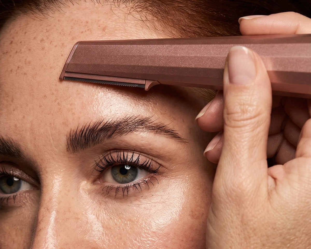 Person using a brow razor on their eyebrow