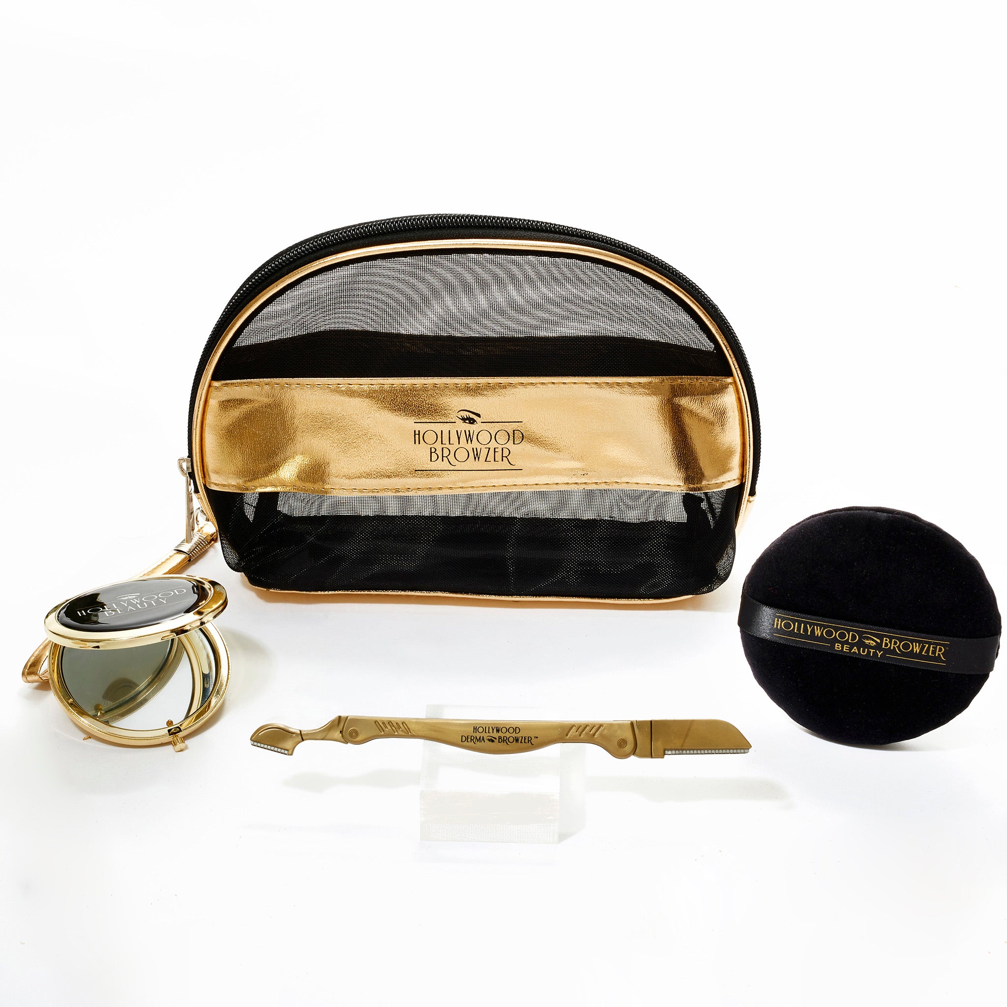 GOLD & BLACK MESH COSMETIC BAG - Hollywood Browzer